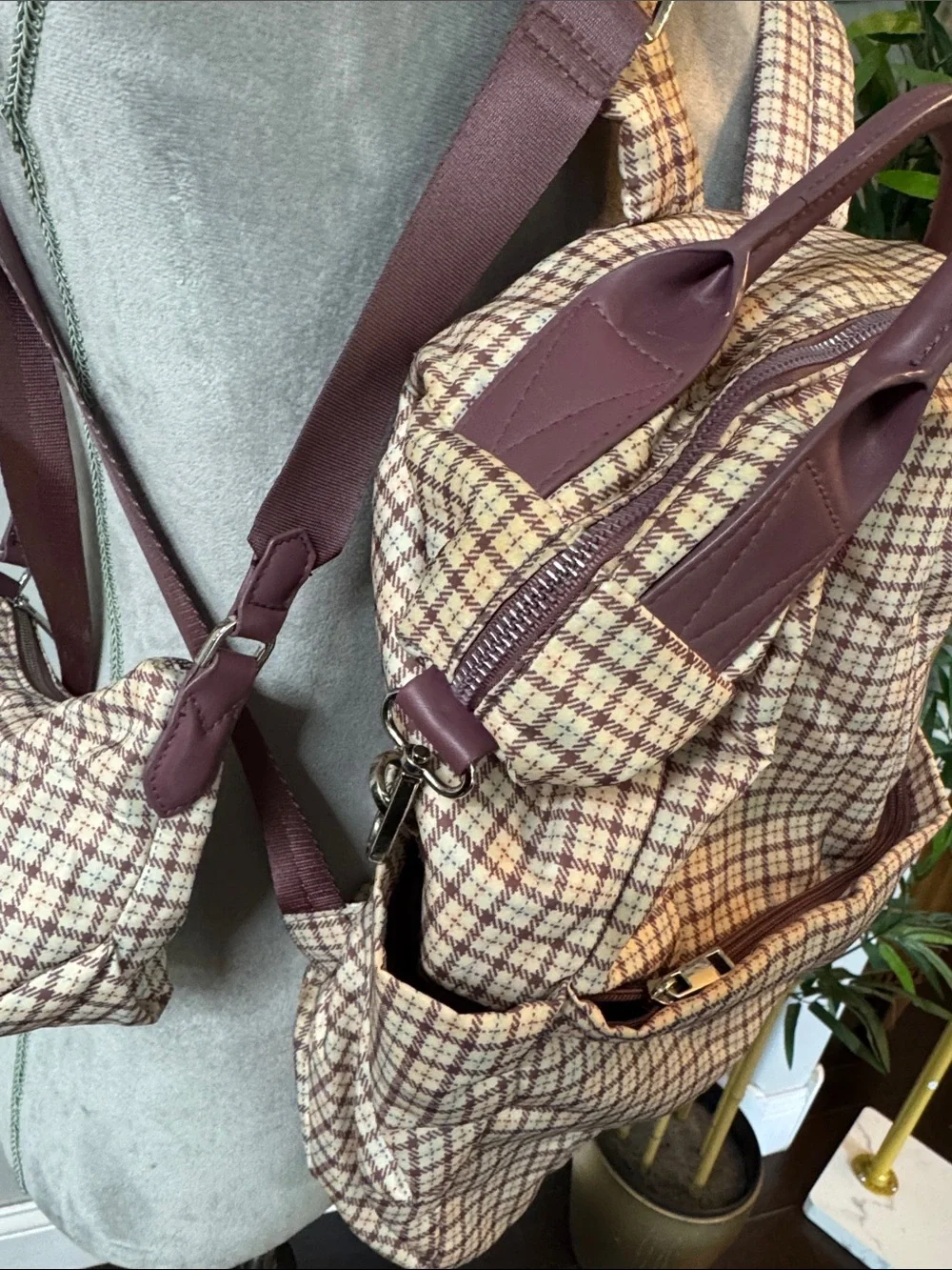 a new day Plaid Backpack and crossbody combo with purple Accents